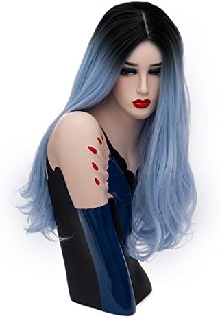Priomix 65CM Long Synthetic Black Roots Ombre Curly Wavy Christmas Halloween Anime Cosplay Party Costumes Wigs for Women +Free Wig Cap (Ombre Sky Blue)
