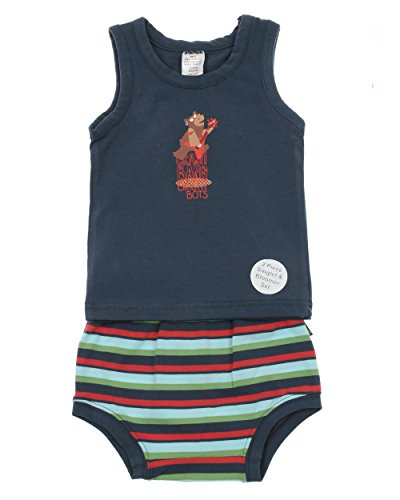 Bright Bots 3/6m Baby Boy Vest Singlet Top and Nappy Cover 2 Pce Set - Navy Stripe