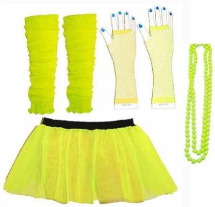 Four Peice Neon Yellow Adult Womens 8-14 Tutu Set Tutu Legwarmers Fishnet Gloves Beads 80s Fancy Dress Costume (RB Fashions Clothing)