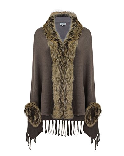 LADIES WOMEN FAUX FUR COLLAR TARTAN CHECK WINTER SHAWL CAPE PONCHO WRAP CARDIGAN[MOCHA,One Size: Regular]