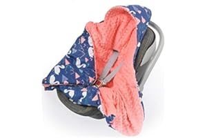 BABY-PLUM Babydecke MINKY mit Kapuze 90x90 cm Einschlagdecke Babyschale Kinderwagen Decke (Schwäne auf der Marine/Lachs)