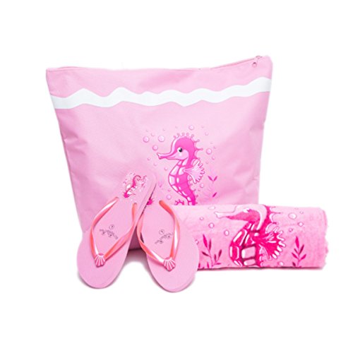 AIREE FAIREE Bolsa de Playa para Mujer + Toalla de Playa + Chanclas 3 Piezas Caballo de Mar (EU 36-37, Rosa Claro)