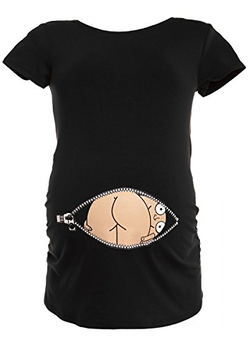 Happy Mama Women's Maternity Funny Humour Baby Print T-shirt. 443p (Black, 18/20)