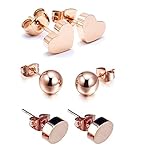 100% nuevo. señoras 14 K bañado en oro rosa Classic Simple de acero de titanio 7 mm Corazón. 6 mm bola. 5 mm Bean 3 pares pendientes, Lovely de Navidad oferta especial regalo para las mujeres las niñas fi
