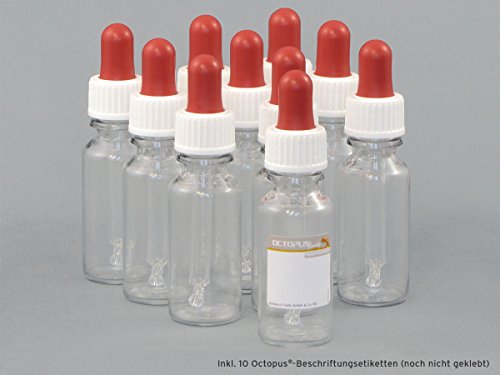 10 x 20 ml Octopus Pipettenflaschen (PET) mit Glaspipette, Plastikflaschen mit Tropfpipette zur Dosierung von Flüssigkeiten, Augentropfen, E-Liquids, Aromen, Essenzen, Ölen, Kunststoffflaschen transparent, inkl. 10 Beschriftungsetiketten - 2