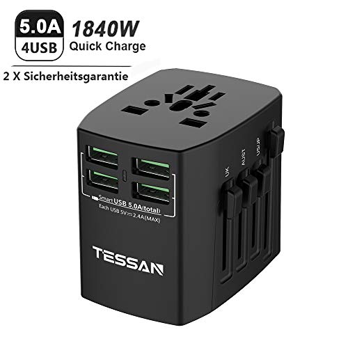 TESSAN Universal Reiseadapter Reisestecker mit 4 USB Internationaler Steckdosenadapter 25W/5A Weltweit Stromadapter für 224 Ländern USA/Australien/UK/Italien/England/Japan/China/Brasilien/Malediven