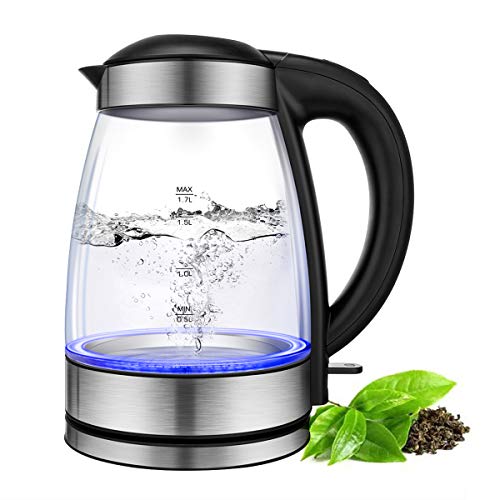 CUSIBOX Glas Wasserkocher 1,7 Liter Edelstahl Wasserkessel Teekocher 2200W Elektrische Kanne mit LED Beleuchtung, Automatische Abschaltung, Überhitzungsschutz, Trockenlaufschutz, BPA frei