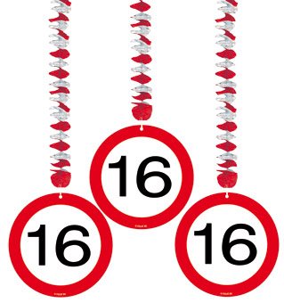 3 Rotor-Spiralen Zahl 16 Geburtstag Verkehrsschild