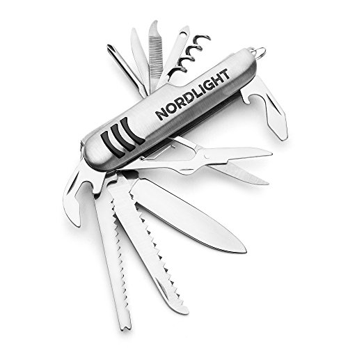 Navaja de bolsillo de acero inoxidable, con 10 funciones, ad esempio Sierra, tijeras, abrebotellas y abrelatas de acampada