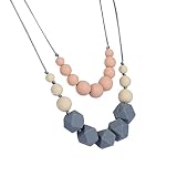 DOMIRE Silicone Teething Necklace for Mom Wear Food Grade Silicone BPA Free and FDA Approved Chewiness Levels Baby Teething Toy (Grey-Ivory-Pink)
