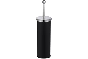 Novel Solutions Toilet Brush with Holder, Round Lid, Black, Stainless Steel Handle, Dense Bristles, Compact Design