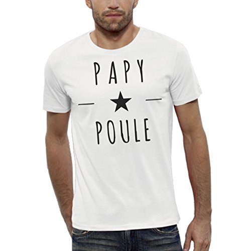 T-Shirt Bio Imprimé Blanc Manches Courtes - Papy Poule - Homme du XS au XXL