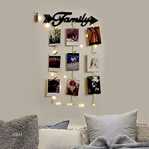 VAH Family arow with lightdesign Hanging Photo Display Picture Frame Collage Picture Display Organizer with Wood Clips LED Light for Wall Decor Hanging Photos