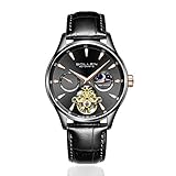 Automatische mechanische Uhr Herrenuhr Leder Wasserdicht Hohl Zeit zwischen den beiden Orten Leuchtend Geschäft Stoppuhr Zubehör ansehen,D