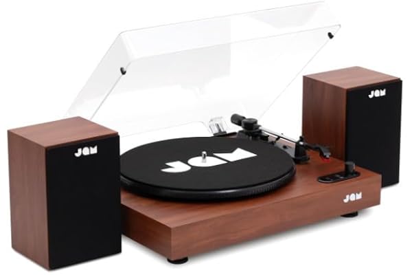 JAM Platine Vinyle avec Enceintes - Lecteur Vinyle Bluetooth avec Enceintes Bibliothèque, 3 Vitesses avec Couvercle Anti-Poussière, Bras Pré-Calibré, Nettoyeur de Vinyles Inclus, Noyer