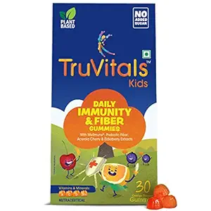 TruVitals Kids Gummies with Multivitamins for Immunity | Fiber Gummies with NO SUGAR Added | With Clinically Proven Wellmune, Vitamin A, C, D, Zinc, Prebiotic Fiber, Elderberry & Acerola Cherry Extracts ? 30s pack