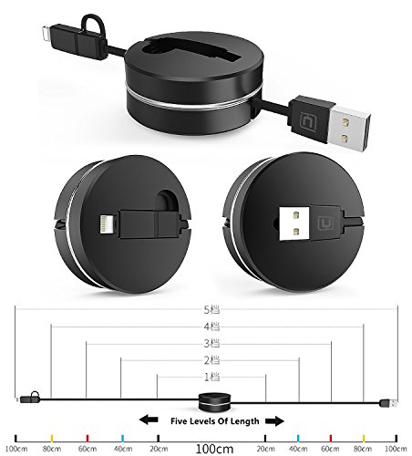2 in 1 Lightning und Micro USB Einziehbares Kabel, cafele 1 m/Auslöser praktisch, aufrollbares Lightning und Micro USB Laden & Sync Daten Travel Kabel Adapter für iOS (8/9/10) & Android Phones Tablets - 2