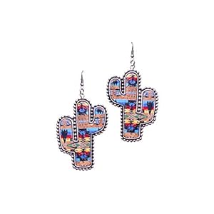 Western Pattern Printed Cork Large Size Cactus Metal Earrings No. 51M1