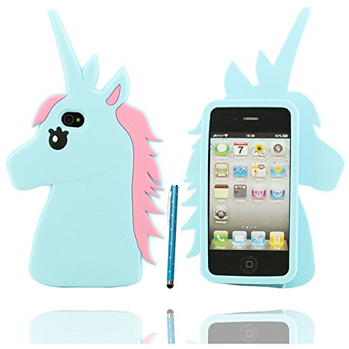 Claro Dise  o Forma linda del unicornio Unimon cubierta suave de silicona Carcasa protectora case para Apple iPhone 4 4S 4G con la pluma del tacto aguja de la pantalla