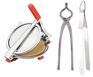 Vessel Crew Combo of Stainless Steel Puri/Roti Maker Press, Stainless Steel Roti ChimtaTong and Utensil Gripper Tool