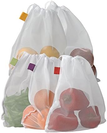 BaHoki Essentials Set of 5 Reusable Mesh Produce Bags Strong, Lightweight, See Through