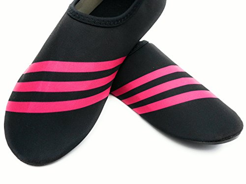 WeWee Sehr bequeme Damen Barfußschuhe aus elastischen Neopren, schwarz mit drei pinken Streifen, geeignet für ganz viele Indoor Aktivitäten: im Fitnessstudio,für Crossfit, Zumba, Tanzen, Yoga und als Wasserschuhe aber auch zu Hause als Hausschuhe - 3