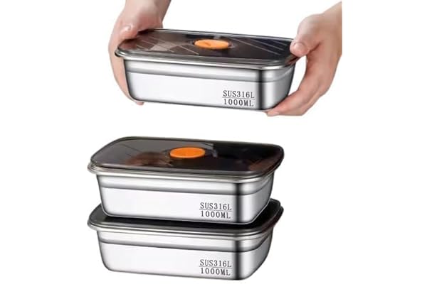 Marve Fridge Storage Box 1000 Ml 316 Stainless Steel Food Storage Containers Food Grade, Leakproof Kitchen Organizer Freshness Locking, Microwavable & Freezer Safe, Silver With Lid 3 Pcs