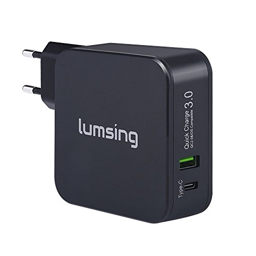 Lumsing Dual Port 18W Quick Charge 3,0 USB Wandladegerät +29W USB C Ladegerät Wand Ladeadapter für Apple Macbook, Google Nexus 6P, HTC 10, Galaxz S7, LG G5 und andere Smartphone Geräte(Schwarz)