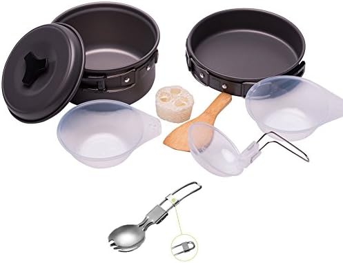 Camping Cookware Set for 1 to 2 Persons Portable Campfire Cook Kit 10 PCS Bowls Utensil Pot Pan Set for Camping Backpacking Gear Hiking BBQ Picnic Outdoor - Lightweight, Compact, Durable Pot Pan Bowl (Black)