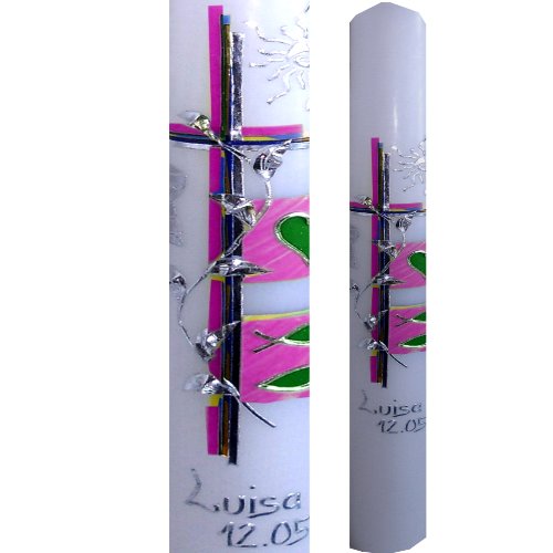 Modern Taufkerze Kommunionkerze 400×40 SONNE HERZ FISCHE Mehrfarbig rosa pink lila Inclusieve Namen und Datum ITP150 - 5