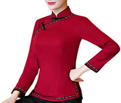 Women's Solid Color Stand Collar Long Sleeve Chinese Qipao Top Shirt Blouse
