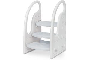 Onasti Step Stool for Kids, 3-Step Height Adjustable Toddler Step Stool, Plastic Learning Tower, Kitchen Helper, Toilet Steps with Handles and Non-Slip Pads, for Counter, Bathroom & Sink (Grey)