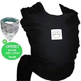 Écharpe de portage BEBE CALIN, Porte-bébé de qualité et multifonctionnel - OFFERT: Bavoir 100% coton - Echarpe de portage confortable pour bébés et nouveau-nés. Inclus son sac de rangement. (NOIR)