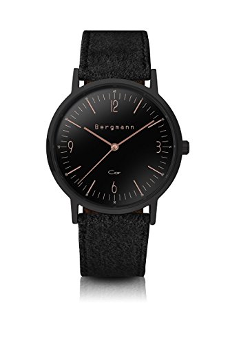 Bergmann Uhr Cor Schwarz Schwarz Wildleder Quarz Leder Quarzuhr Edelstahlboden Bauhaus Modisch Elegant klassisch Design Zeitlos Unisex