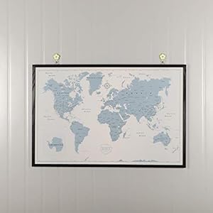 Emmel Premium World Travel Push Pin Map with Pins Ice Blue Style and Framed - Track Your Adventures with a Premium Pinable Canvas and Cork Map
