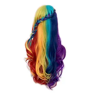 Alacos Rainbow Color 72cm Long Braid Curly Gothic Lolita Harajuku Anime Cosplay Christmas Costume Wigs for Women +Free Wig Cap (Red/Yellow/Blue/Purple)