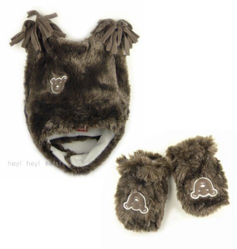 Hey Hey Twenty Baby Fur Fleece Trapper Hat/ Mittens Set , Colour : Brown / White Fleece Lining, Size - 48cm, 12 - 18 Months