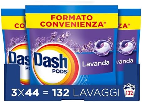 Dash Pods Detersivo Lavatrice In Capsule, 132 Lavaggi (3x44), Lavanda, Rimuove Le Macchie, Igienizza, Dona Freschezza, Brillantezza Per I Capi