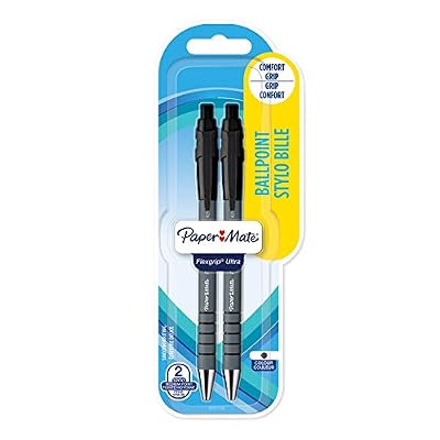 Papermate Paper Mate Flexgrip Ultra Stylo Bille Rétractable, Pointe Moyenne (1,0 mm), Encre Noire, Lot de 2