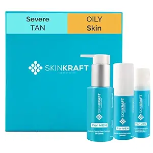 SkinKraft For Men - Severe Tan Removal Facial Kit For Oily Skin - Customized Tan Removal Facial Kit For Men - 3 Product Kit - Oily Skin Cleanser For Men + Oily Skin Moisturizer For Men + Severe Tan Active Serum For Men - Dermatologist Approved