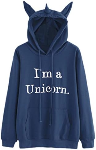 Womens Hoodie, Quistal Ladies Unicorn Hat Long Sleeve Sweatshirt Letter Printing Hooded Pullover Tops Fashion Loose Cute Sweater Hoody Oversized Hoodie Gap Brown Hoodie Ladies Gym Tops (UK 12, Blue)