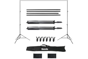 Bonnlo 2 x 3 m Support de Fond Photo, Support Toile de Fond Réglable avec 3 Pinces, Un Sac de Transport et 2 Sacs de Sable, pour Professionnel Fond Studio Photo, Photographie Portrait.