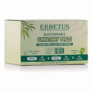 ERHETUS Natural & Organic Biodegradable Sanitary Pads for Women | Eco-Friendly Cotton Base Bamboo Sanitary Napkins | Soft & Comfortable Pad - 8 Pads (4 Regular Pads XL + 4 Overnight Pads XXL)