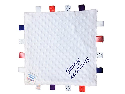 Personalised Embroidered Baby Name Taggy Comforter/Gift - White
