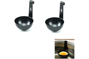 NUZIKU 2 tazas escalfadoras de huevos, moldes de acero inoxidable para huevos escalfados con diseño de gancho, máquina de huevos escalfados negros, utensilio duradero para huevos escalfados, desayuno