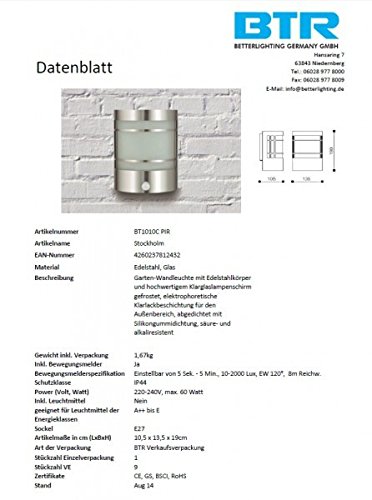 BT1010C PIR Serie Stockholm, Edelstahl Wandlampe, mit Bewegungsmelder - 6