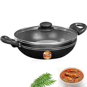 Blueberry's Nonstick 24cm Kadai with Glass Lid,3mm Thickness, 3 Layer Coating, Induction Base (Black&Red)