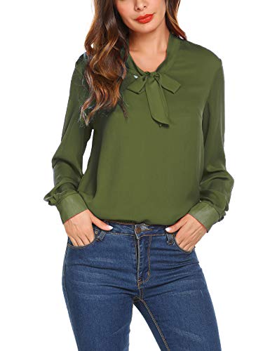 zhenwei Women Chiffon Blouses Long Sleeve Tops Ladies Elegant School Work Bow Tie Neck Shirt Black White Blue