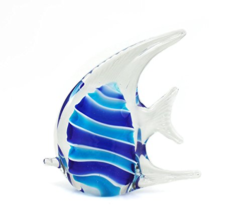 Deko Figur Fisch aus Glas blau weiß gestreift 15 x 16 cm, Dekofigur maritim Glasfisch schwimmend zum Hinstellen, Feng Shui Symbol Glücksfisch