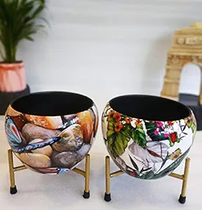 Exotic Green Floral White & Butterfly Combo Designer Pot with Stand for Indoor Plants | Beautiful Metal Planters for Living Room and Balcony | Modern Design Table Top Flower Plant Pots I (2 Pcs Combo)